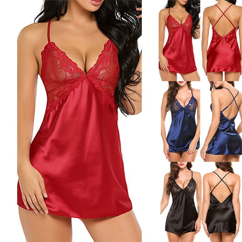 Sexy Women Lingerie Lace Satin Sexy Backless Sling Pajama Set Erotic Lingerie Plus Size Lingerie Sexy Hot Sexy Sheer Sleep Dress