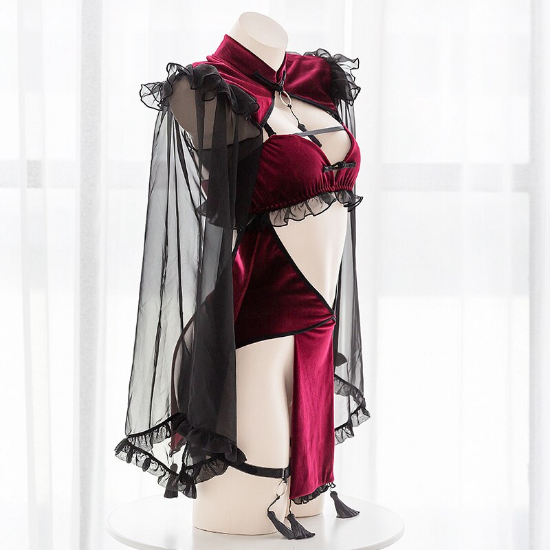 Sexy Punk Gothic Black Red Lace Sexy Lingerie for Women Maid Temptation Evil Demon Open Crotch Cosplay Backless Dress Costumes
