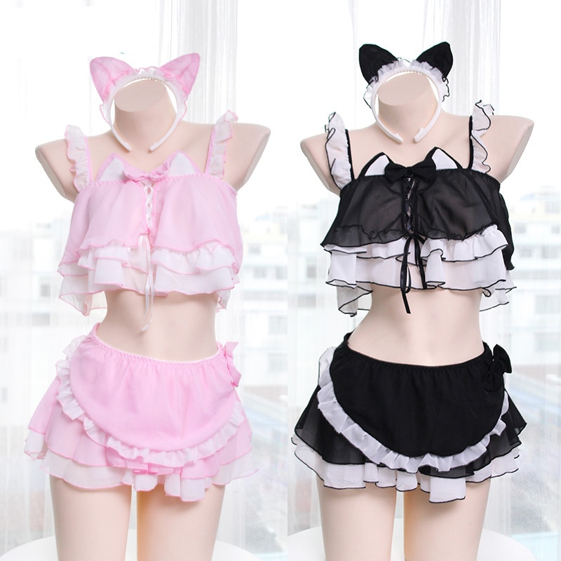 Sexy Lolita Women Anime Lingerie Set Kawaii Cat Girls Ruffles Camisoles Underwear Set Japan Cosplay Sleepwear Night Skirt maid