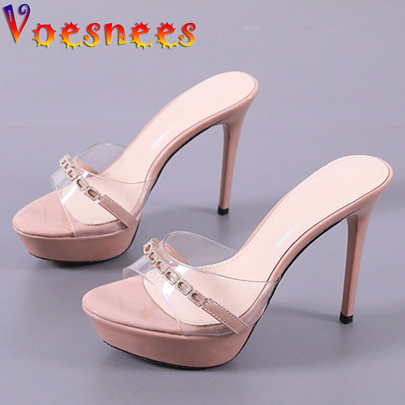 Voesnees Women Shoes Stiletto 12cm Slippers 2021 New PVC Transparent Sandal Comfortable Waterproof Platform Diamond High Heels