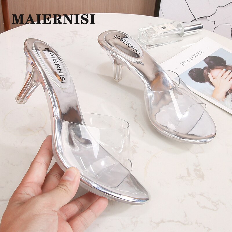Crysta High Heels Slippers Women's Shoes 2021 Summer Platform Sexy Transparent Outside Slide Sexy Ladies Sandals Large Size 41