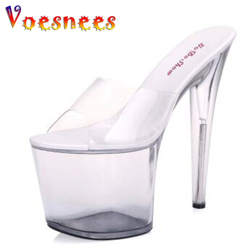 Model Catwalk Platform Slippers Woman Sexy Nightclubs High-heeled Dance Shoes New 20CM Transparent Crystal Sandal Wedding Shoes