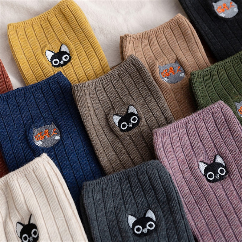 Cartoon Cat Embroidery New Cotton Short Socks Fashion Japanese Solid Color Concise Women Sock Spring Autumn Winter Cute Socks