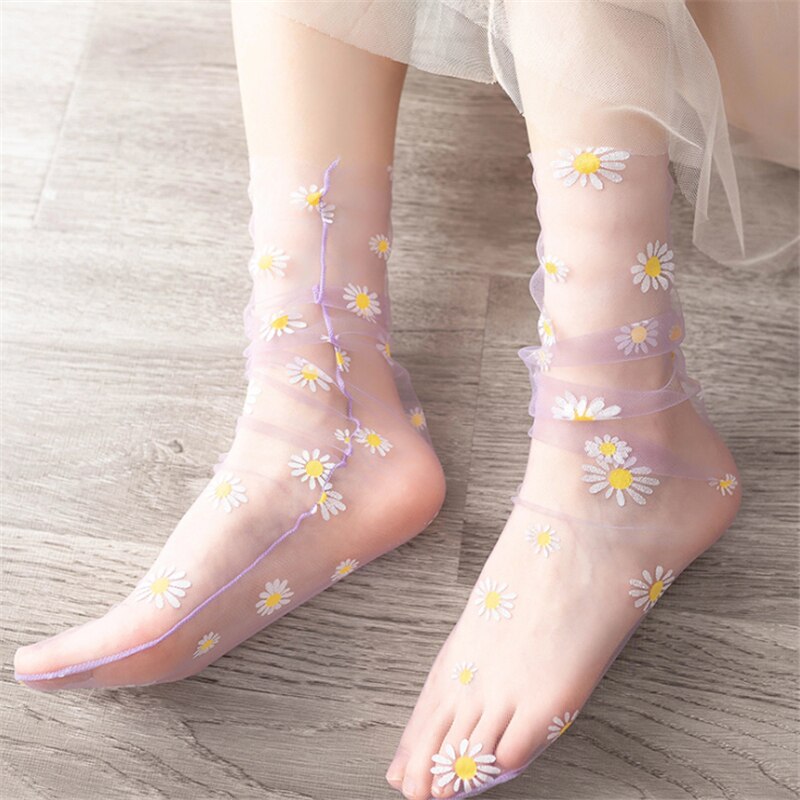 New Daisy Socks Women Sweet Floral Korea Japanese Harajuku Chiffon Mesh Breathable Sock For Ladies Transparent Sexy Socks