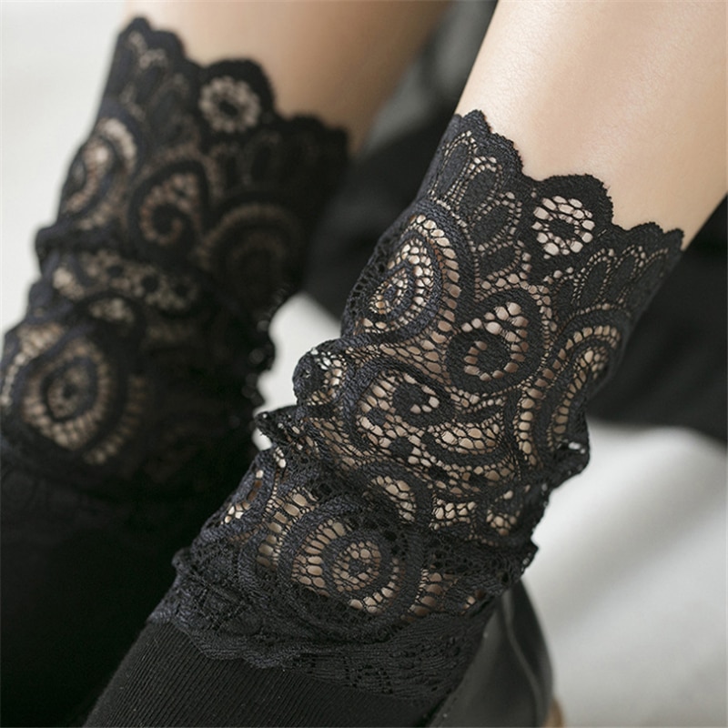 Sexy Lace Floral Mesh Socks Women Black Transparent Short Cotton Sock For Ladies Elastic Retro Cute Socks Female New