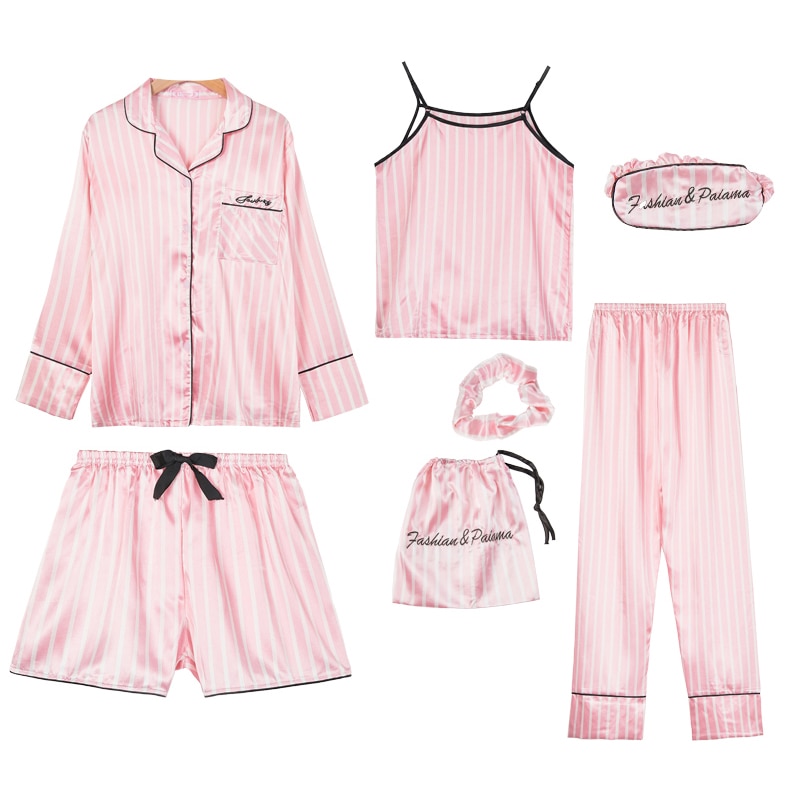 Pink Women's 7 Pieces Pajamas Sets Faux Silk Striped Pyjama Women Sleepwear Spring Summer Autumn Homewear