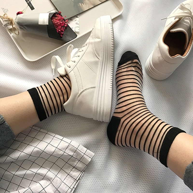 Hipster Harajuku Ankle Ladies Socks Women Fashion Transparent Stripe Short Female Summer Women's Socks Summer Black White Socks