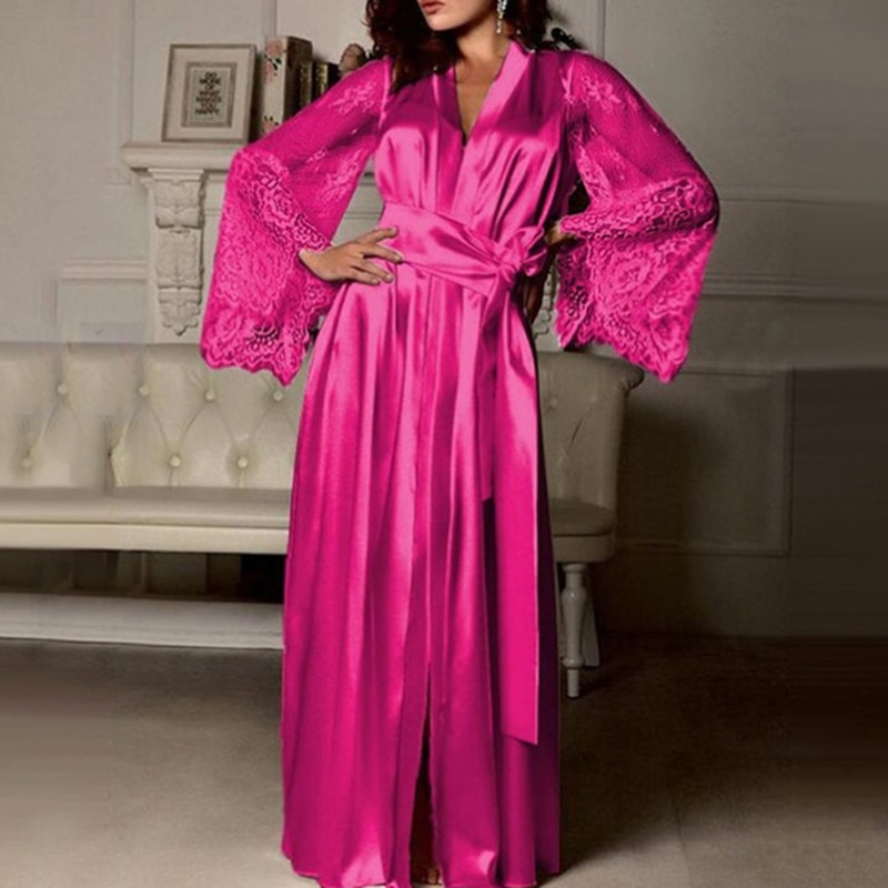 Womens Nightdress Sexy Long LaceLingerie  Bath Robe Gown  Imitation Ice Silk Nightdress Solid Color Nightgown Nightwear