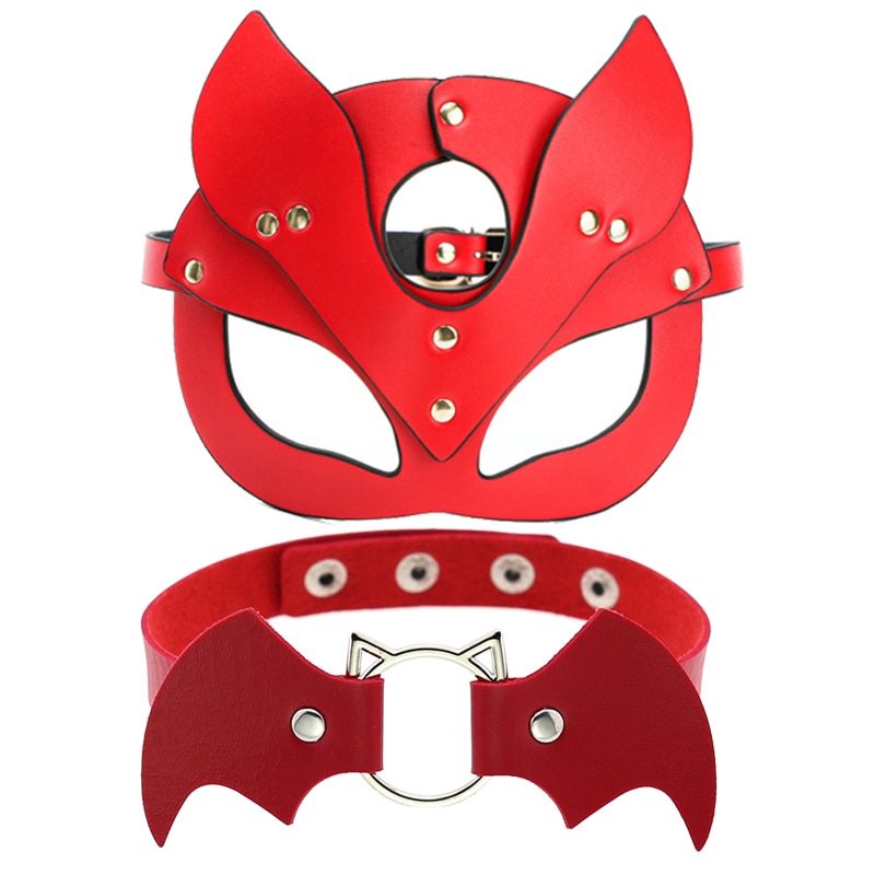 Sexy Red Leather Mask BDSM Hot Fetish Masquerade Cat Ears Woman Face Costume Carnival Cosplay Party Birthday Adult Game
