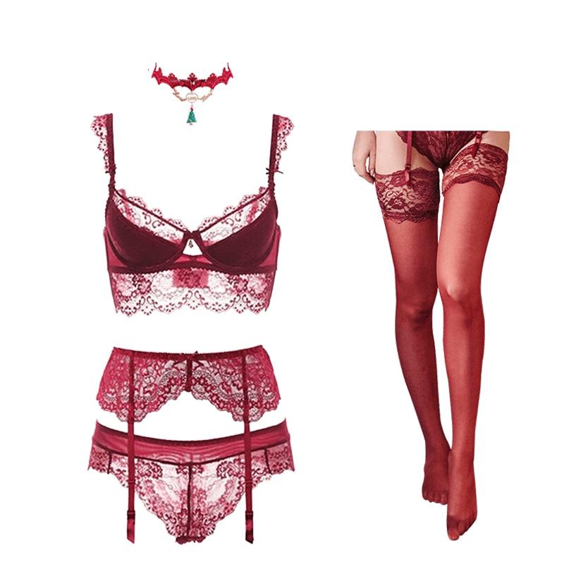 Varsbaby sexy lace push up bra sets bra+panties+garter+stockings+necklace Christmas 5 Pcs/Lots