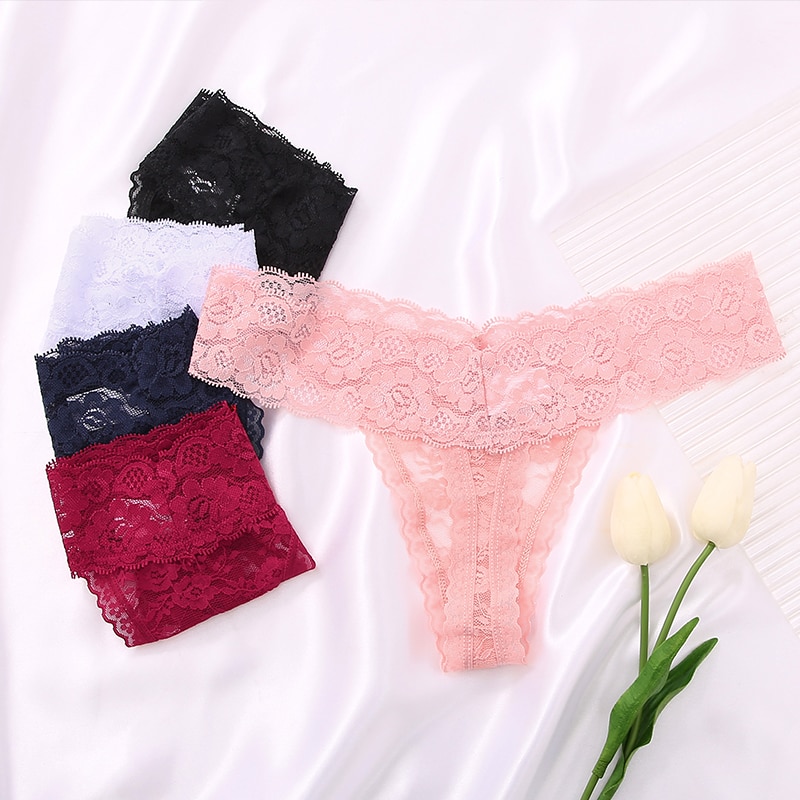 FINETOO 2PCS/Set M-XL Lace G-string Thong Panties for Woman Sexy Floral Underwear Transparent Women's Underpants Female Lingerie
