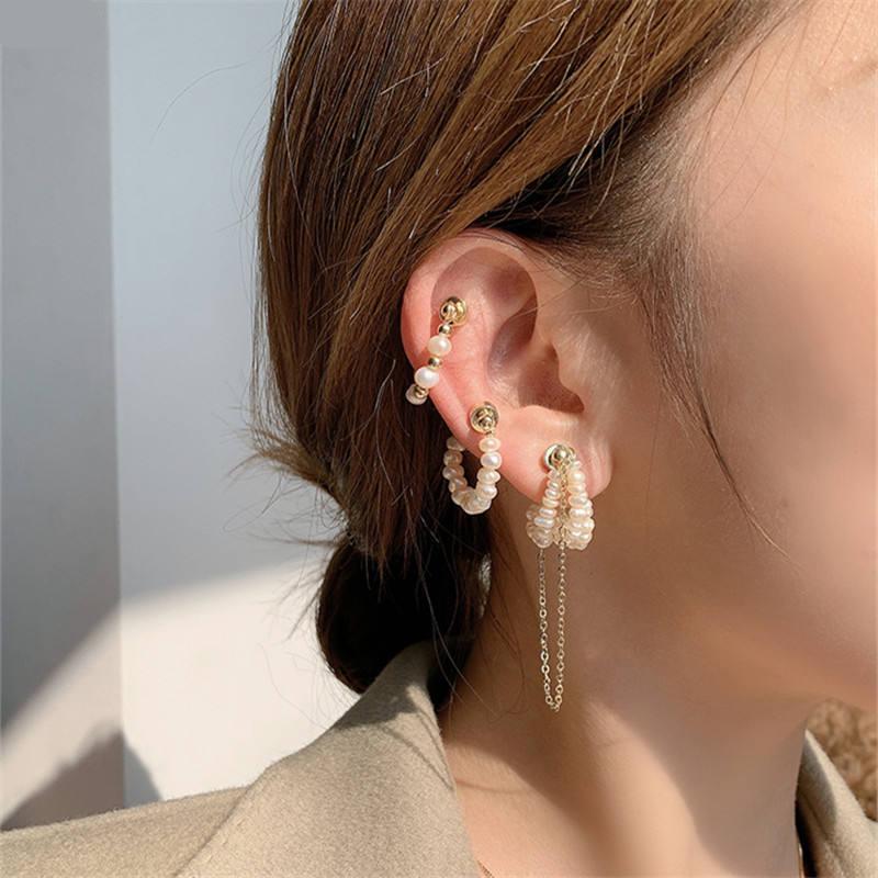 Kshmir Chain metallic gold natural pearl ear clip no ear hole female magnet ear bone clip ear drop female ear hang