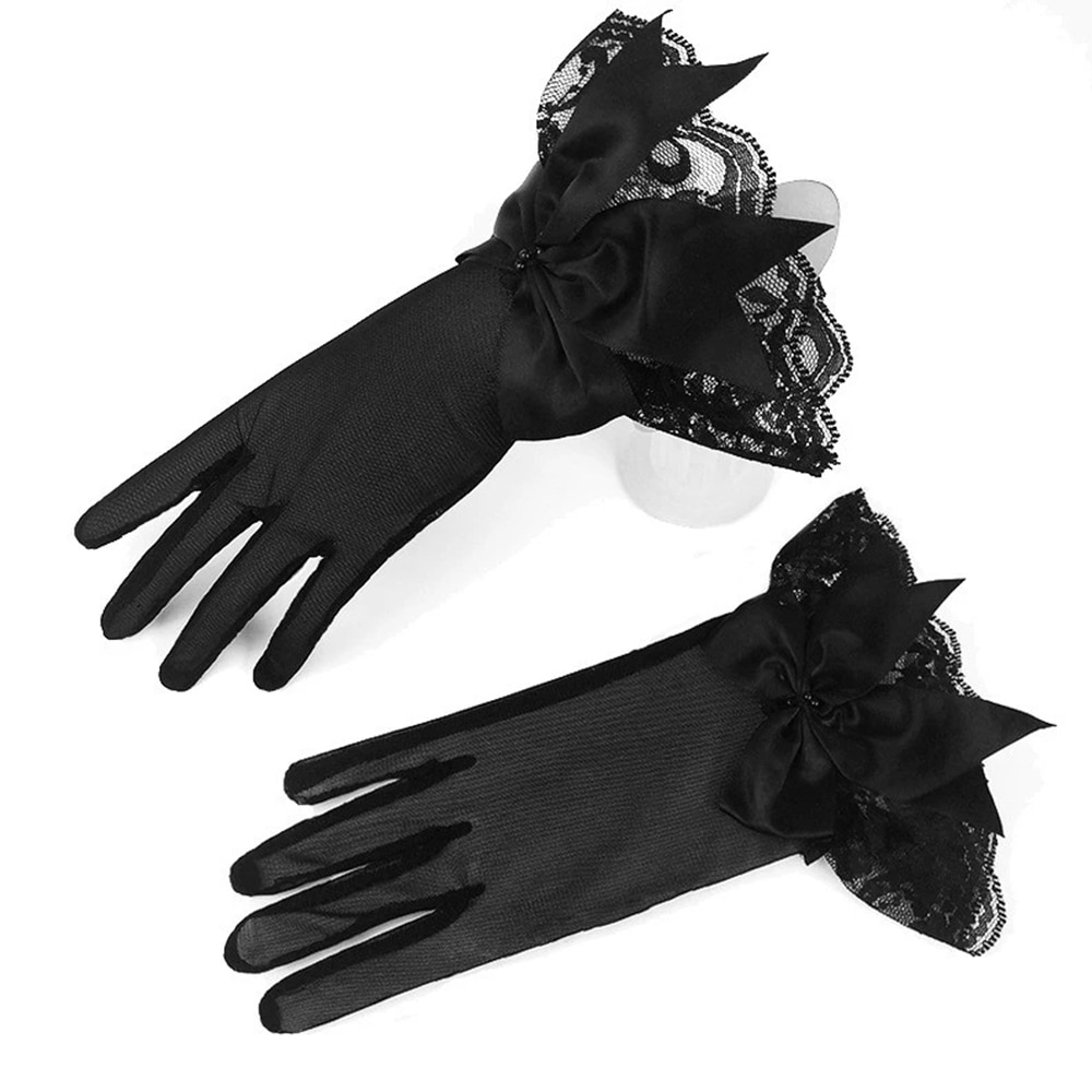 Women Lace Mesh Gloves Ladies White wrist gloves Large Bow Knot Marriage Glove Party Cosplay Accessories