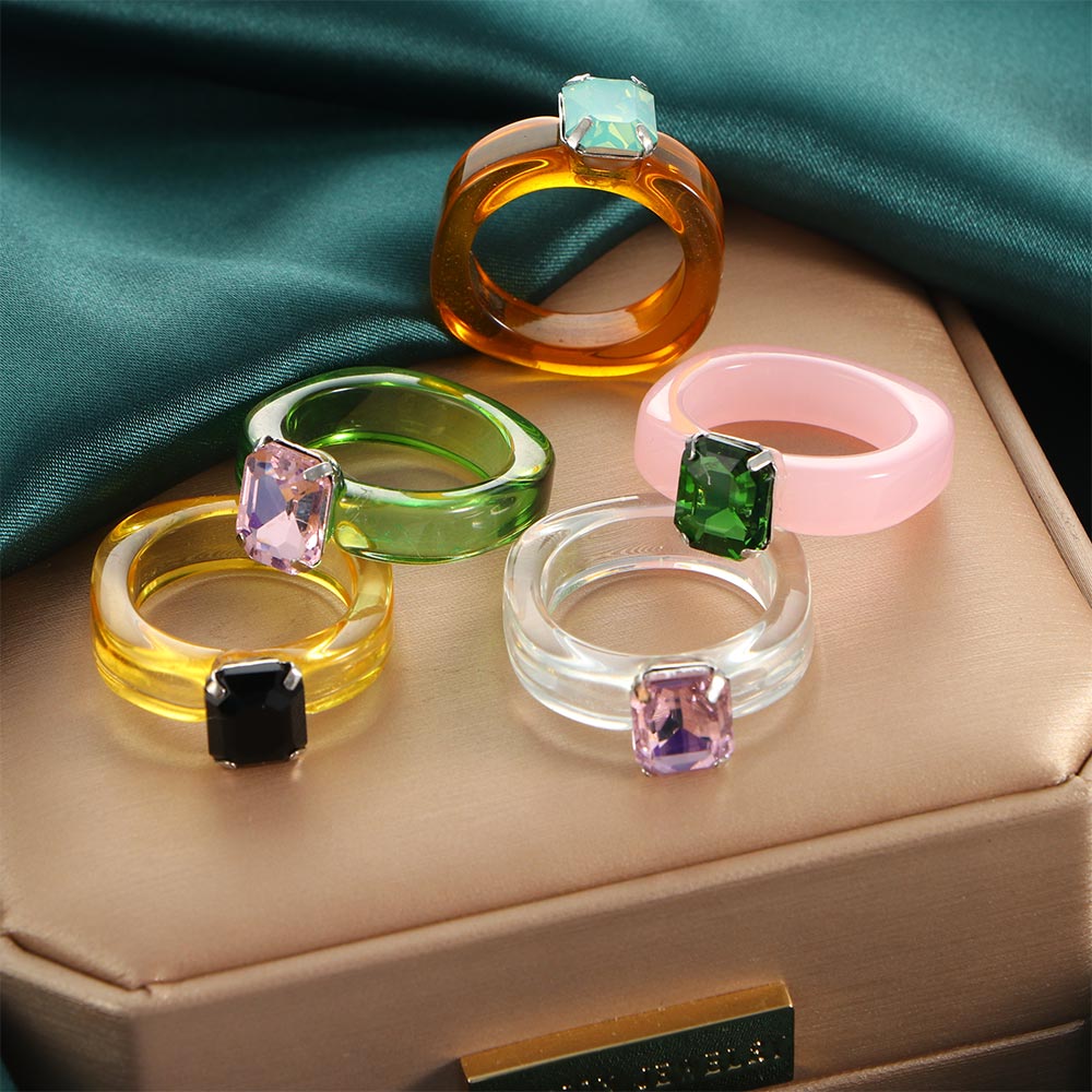 2021 New Transparent Resin Acrylic Rhinestone Colourful Geometric Square Round Rings for Women Jewelry Party Gifts