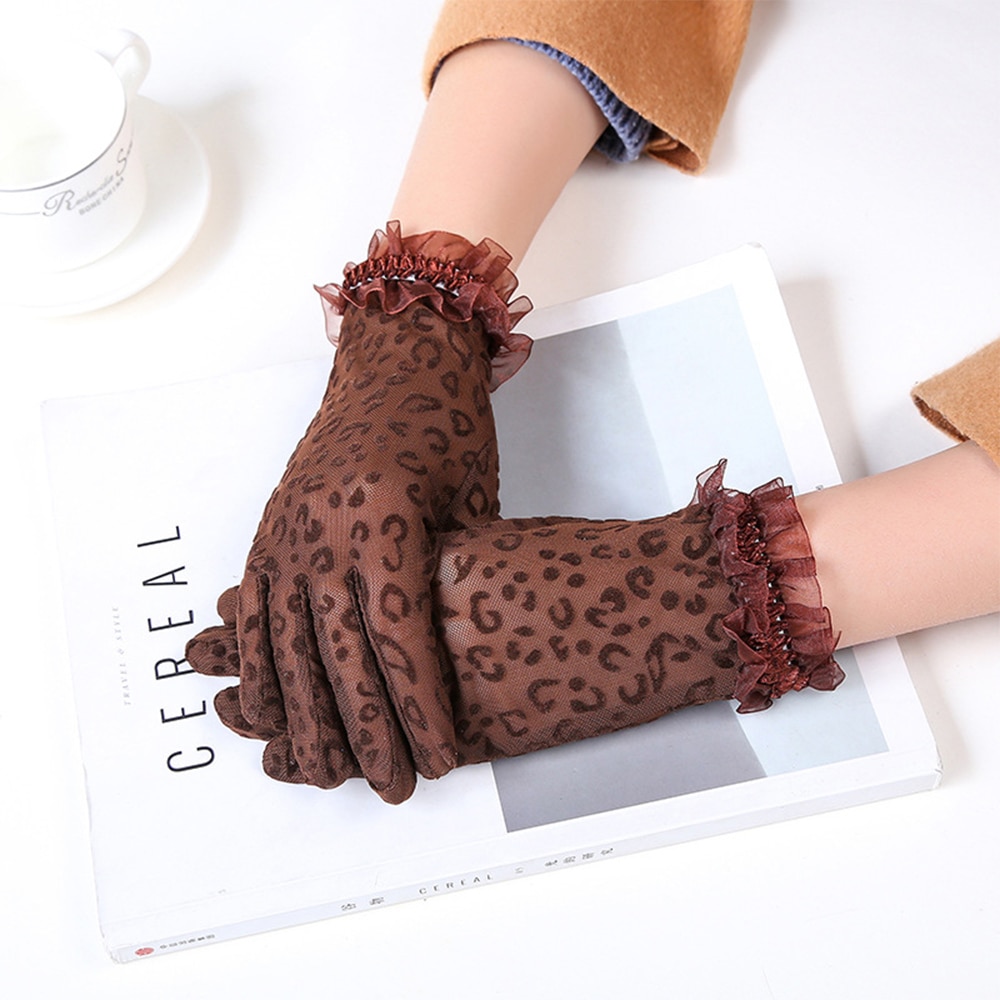 1 Pair Fashion Sexy Leopard Women Lace Sunscreen UV-Proof Driving Gloves Ladies Mesh Short Thin Gloves