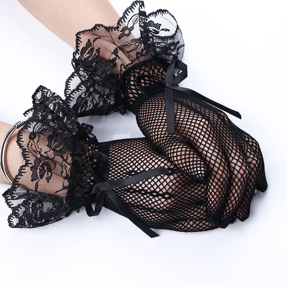Elegant Ladies Short Lace Gloves New Sheer Fishn Net Black White Prom Party Gloves Female's Fashionable Soild Color Mittens Hot