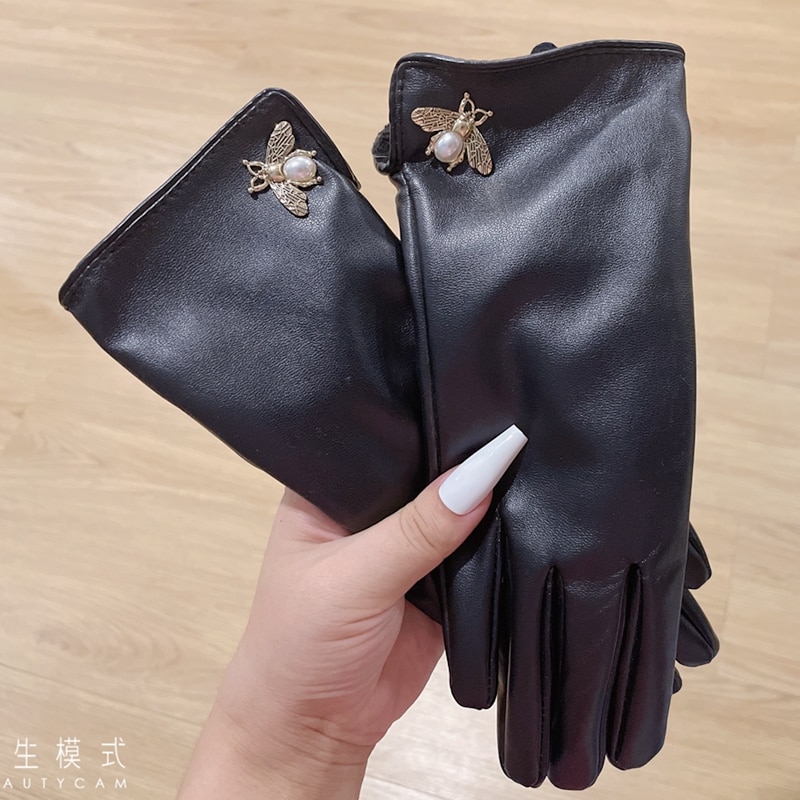 Winter And Autumn Women's PU Leather Gloves Full Finger Metal Bee Brand Warm Mittens варежки женские зимн