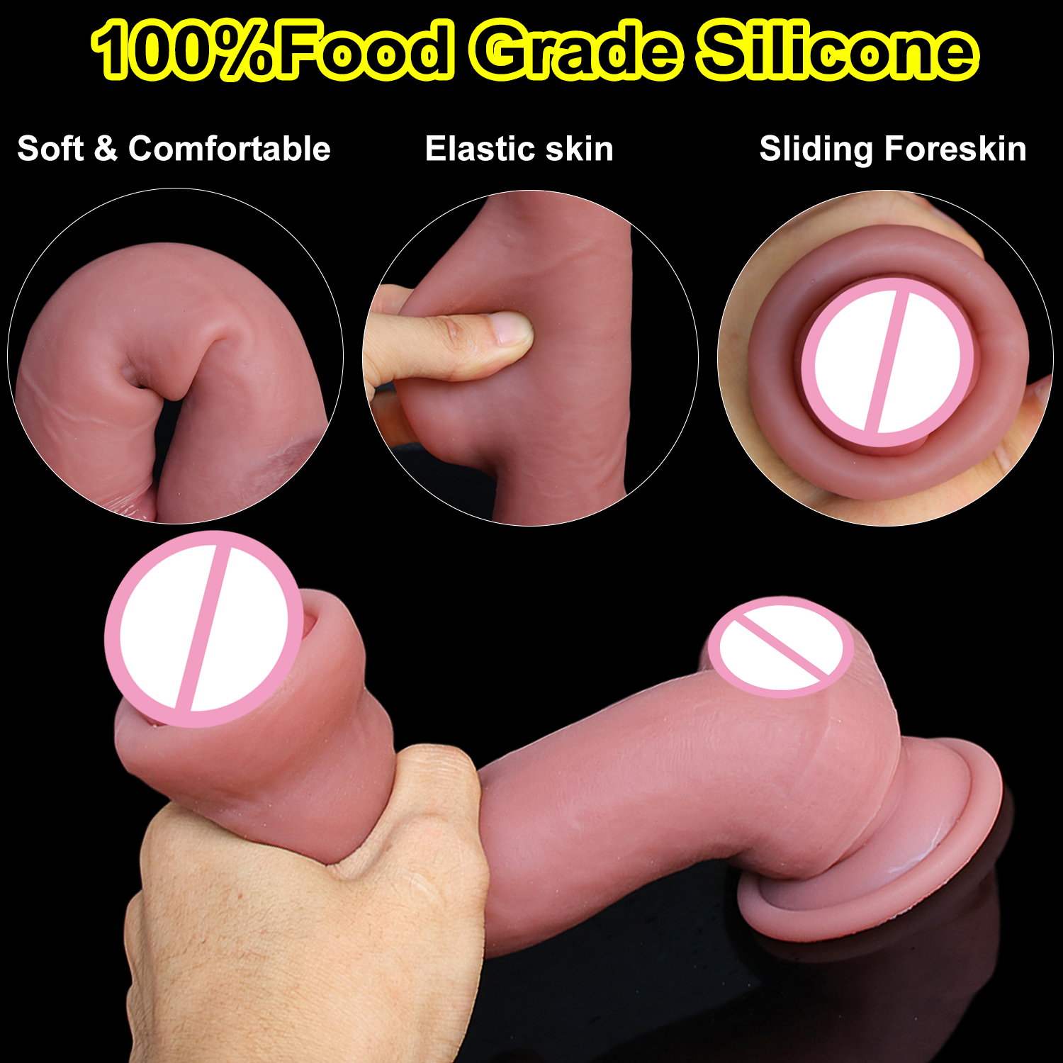 Soft Skin Feel Sliding Foreskin Silicone Penis Females Masturbation Tools Suction Cup Big Dildo Lesbian Adult Sex Toys for Women