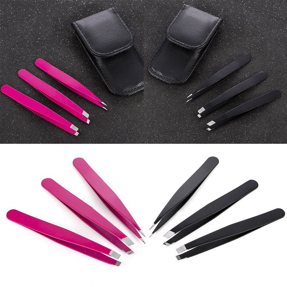 3 PCS/Set Eyebrow Tweezers Stainless Steel Point Tip/Slant Tip/Flat Tip Hair Removal Makeup Tools Accessory with Black Bag Case