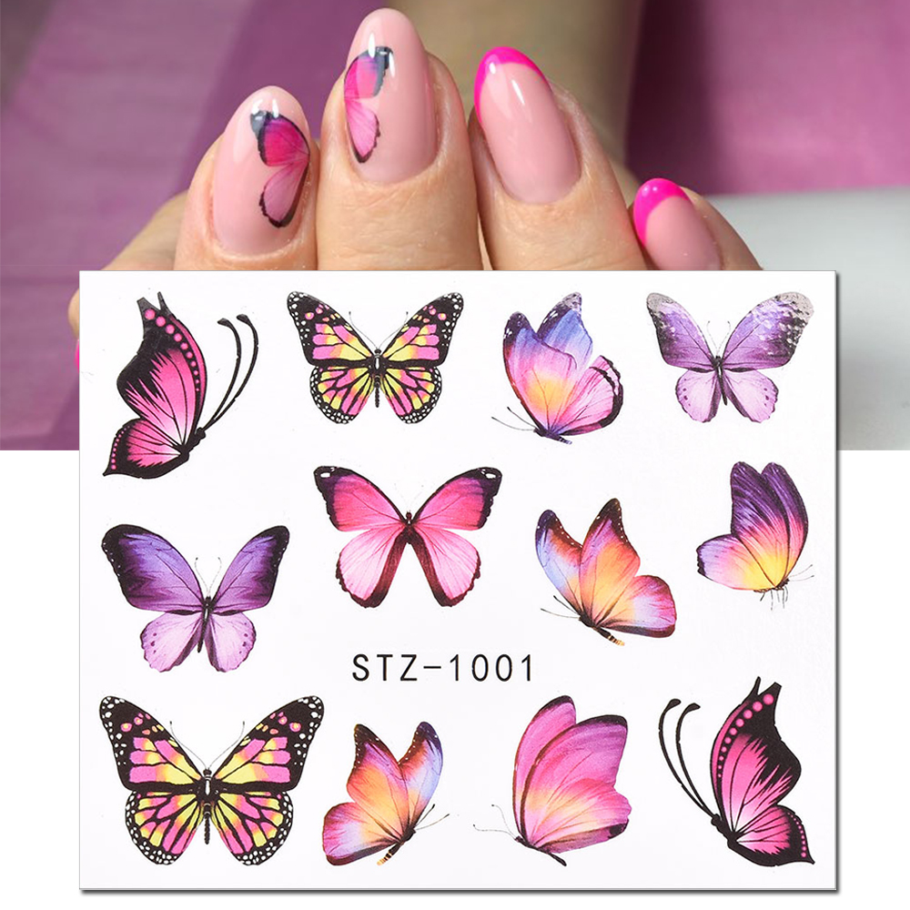 1 PC Pink Purple Butterflies Nails Art Manicure Stickers Decals 3D Spring Summer Theme Flowers Nail Slider Decor Decoration