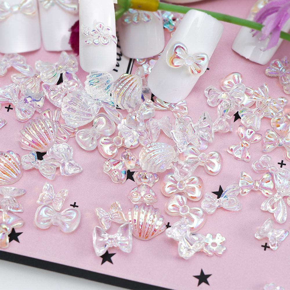 30pcs/set 12 styles Sparkling nail art decorations Butterfly Shell Flower Shape DIY 3D Transparent aurora Manicure Accessories