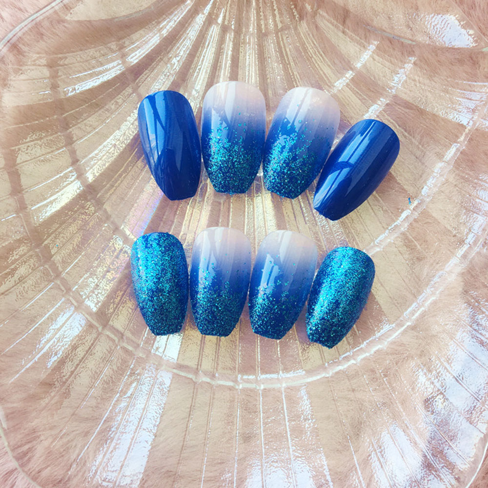 24pcs press on nails Sky Blue Glitter Gradient Ballerina False Nails With Design Wearable Coffin Fake Nails Full Cover Nail Tips