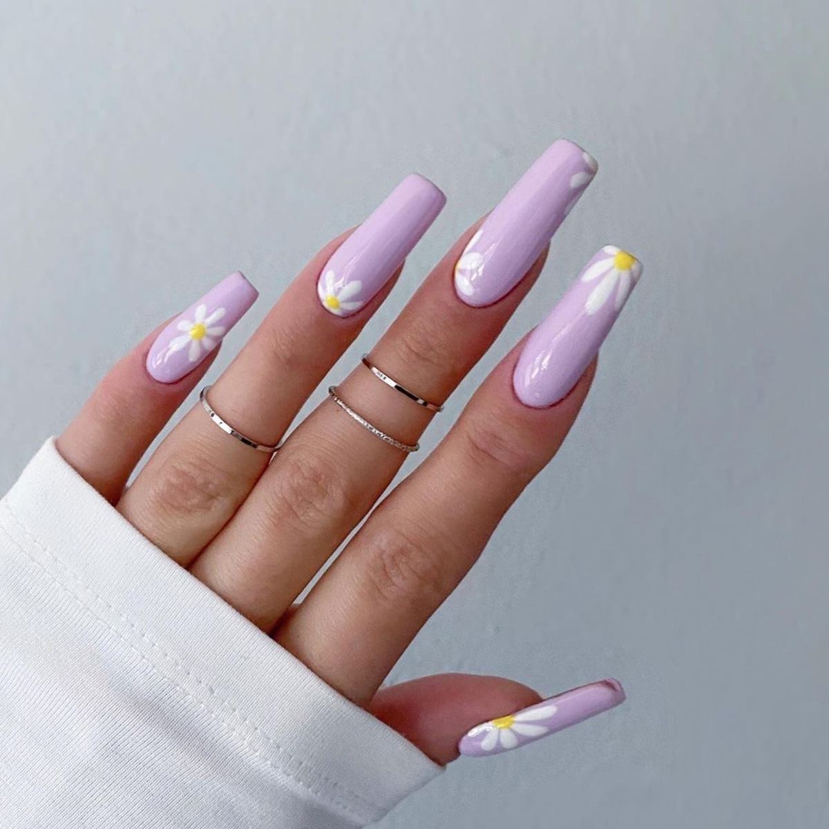 24pcs/box Press On False Nails Long Trapezoid Daisy Broken Flowers Wearable Fakse Nails With Glue and Wearing Tools As Gift
