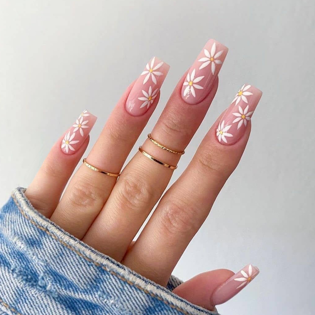 24pcs/box Press On False Nails Long Trapezoid Daisy Broken Flowers Wearable Fakse Nails With Glue and Wearing Tools As Gift