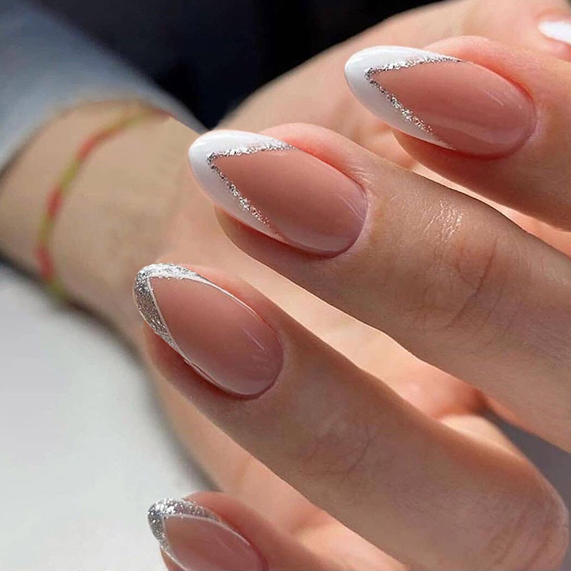 Press on nails  24pcs/box fake nails french manicure oval head white and silver rim design artificial nails with glue for girls