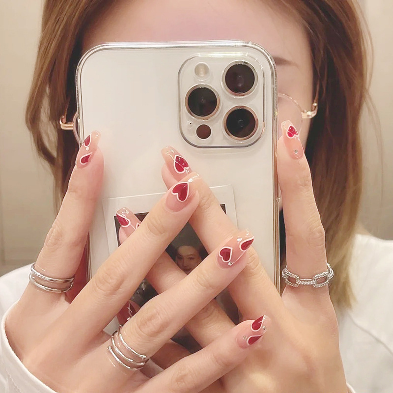 24pcs false nails with a pattern Peach heart wear finished nail tablet False nail removable Manicure beautiful false nails