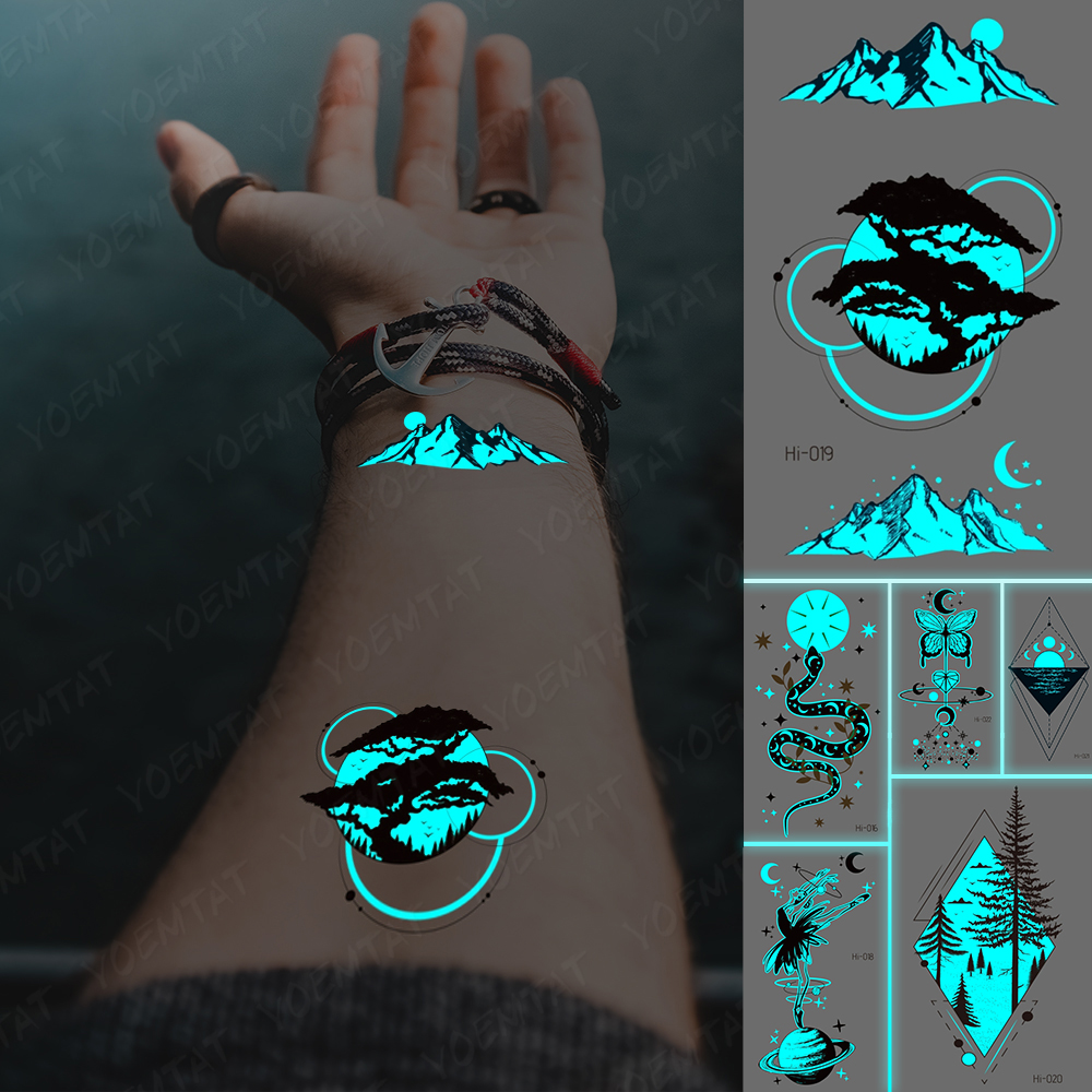 Blue Luminous Glow Tattoo Sticker Mountain Moon Waterproof Temporary Tatoo Nature Forest Sea Fake Tatto For Body Art Women Men