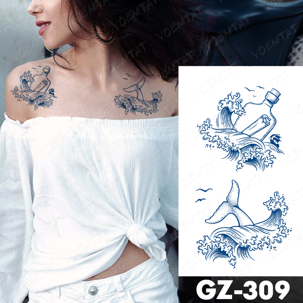 Juice Lasting Ink Tattoos Body Art Waterproof Temporary Tattoo Stickers Mountain Forest Tatoo Arm Fake Sky Whale Sea Tatto Women