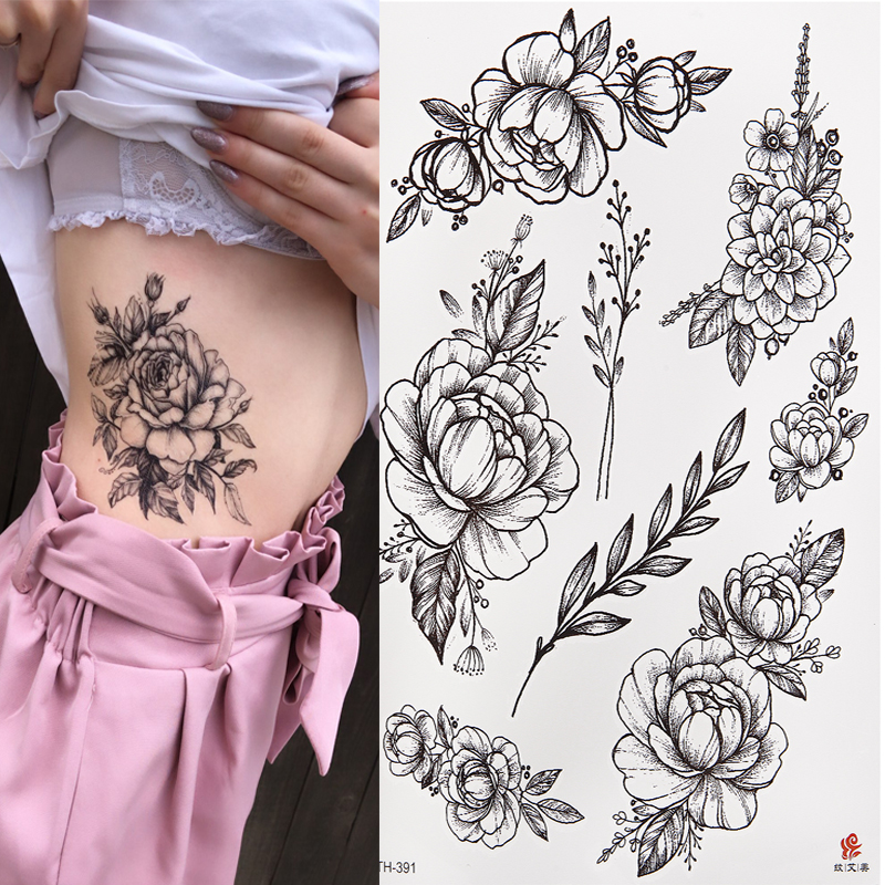 Waterproof Temporary Tattoo Sticker Black Roses Flower Pattern Design Full Flower Arm Body Art Big Large Fake Tattoo Sticker 1PC