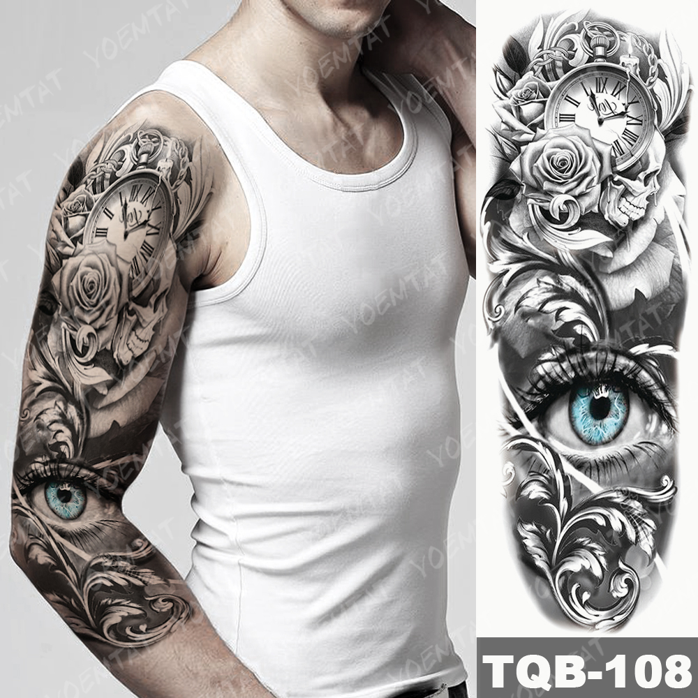 Large Arm Sleeve Tattoo Clocks Rose Eye Lion Waterproof Temporary Tatto Sticker Flower Time Body Art Full Fake Tatoo Women Men