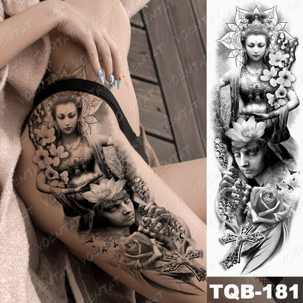 Large Arm Sleeve Tattoo Gun Rose Lion Waterproof Temporary Tatto Sticker Clock Flower Waist Leg Body Art Full Fake Tatoo Women