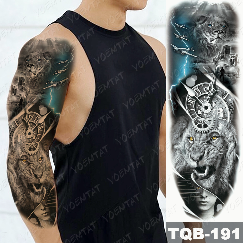 Large Arm Sleeve Tattoo Gun Rose Lion Waterproof Temporary Tatto Sticker Clock Flower Waist Leg Body Art Full Fake Tatoo Women