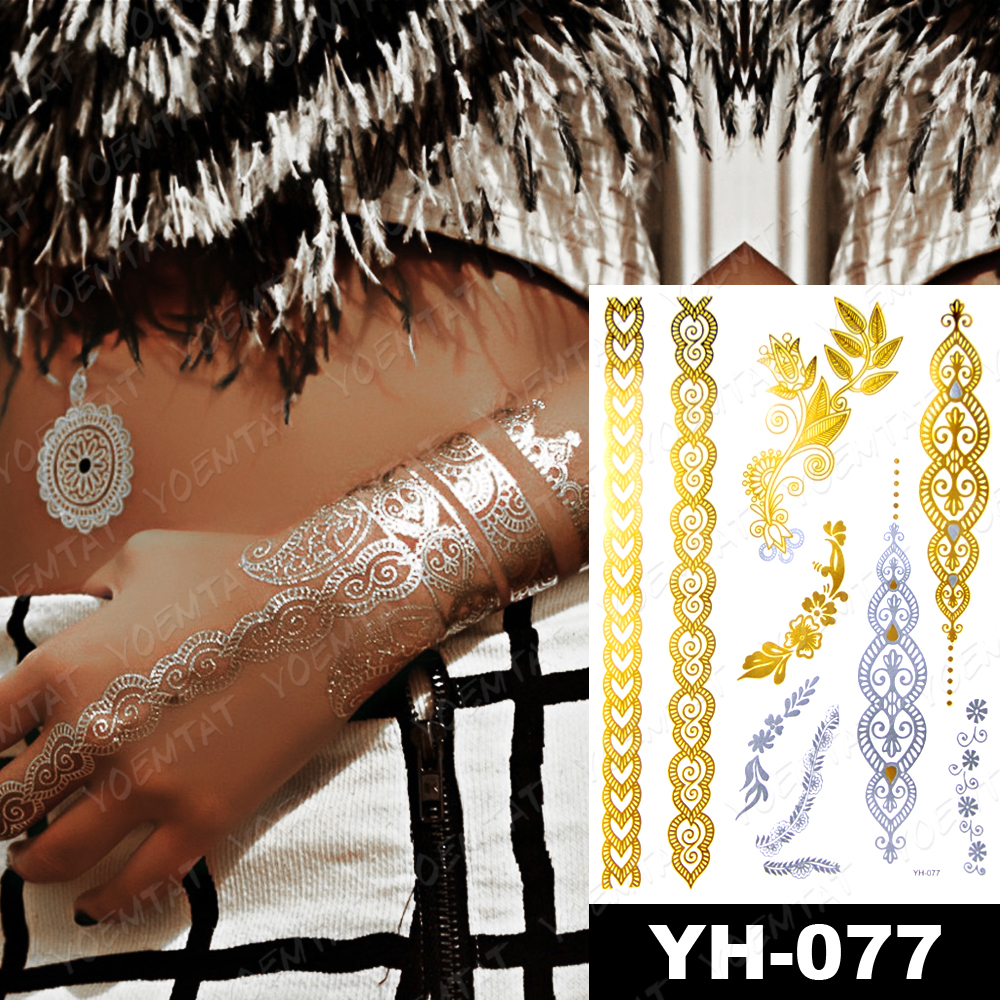 Waterproof Temporary Tattoo Sticker Flowers Mandala Henna Gold Silver Metallic Flash Tatoo Boho Lotus Jewelry Glitter Body Art